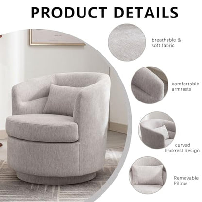 Swivel Accent Chair, 360 Degree Round Swivel Barrel Chair with Pillow, Upholstered Comfy Barrel Armchair Single Club Sofa Chair for Living Room,Bedroom, Reading Room, Grey