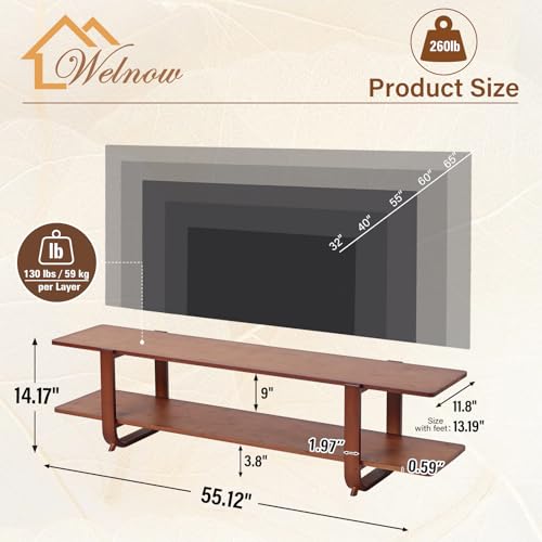 Low Bamboo TV Stand for Up to 65 Inch, Small Mid Century Modern Entertainment Center with 2-Tier Open Shelves, Walnut Media Console Table for Living Room, Bedroom