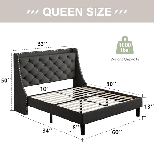 Queen Bed Frame with Luxury Wingback and Fast Charging Station, view 3