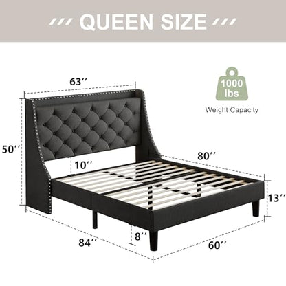 Queen Bed Frame with Luxury Wingback and Fast Charging Station, view 3