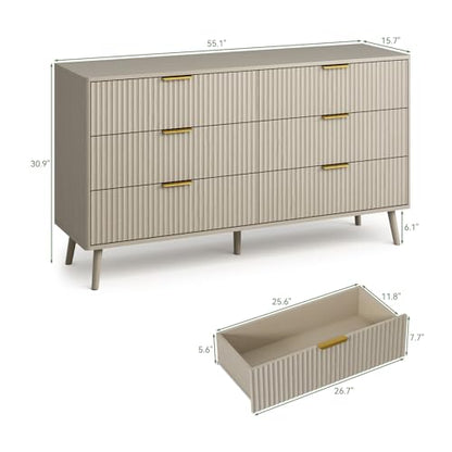 Fluted Dresser and Nightstand Set, 3 Pieces Bedroom Set, 55 Inch Wide 6-Drawer Dresser & 2-Drawer Nightstands Set of 2, Modern Dressers Set for Bedroom, Hallway, Beige