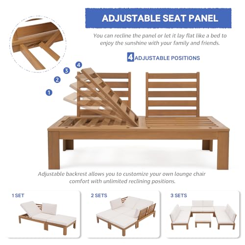 4 Piece Acacia Wood Patio Furniture Outdoor Sectional Sofa Set with Adjustable Armrest, FSC Certified L-Shaped Patio Set w/2-in-1 Coffee Table, Cream White Cushions for Garden