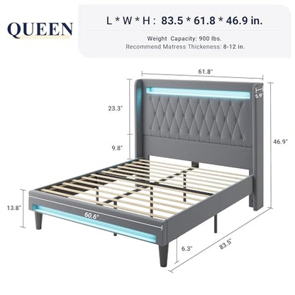 Queen Size Upholstered Bed Frame with LED & Charging Station, Gray, view 3