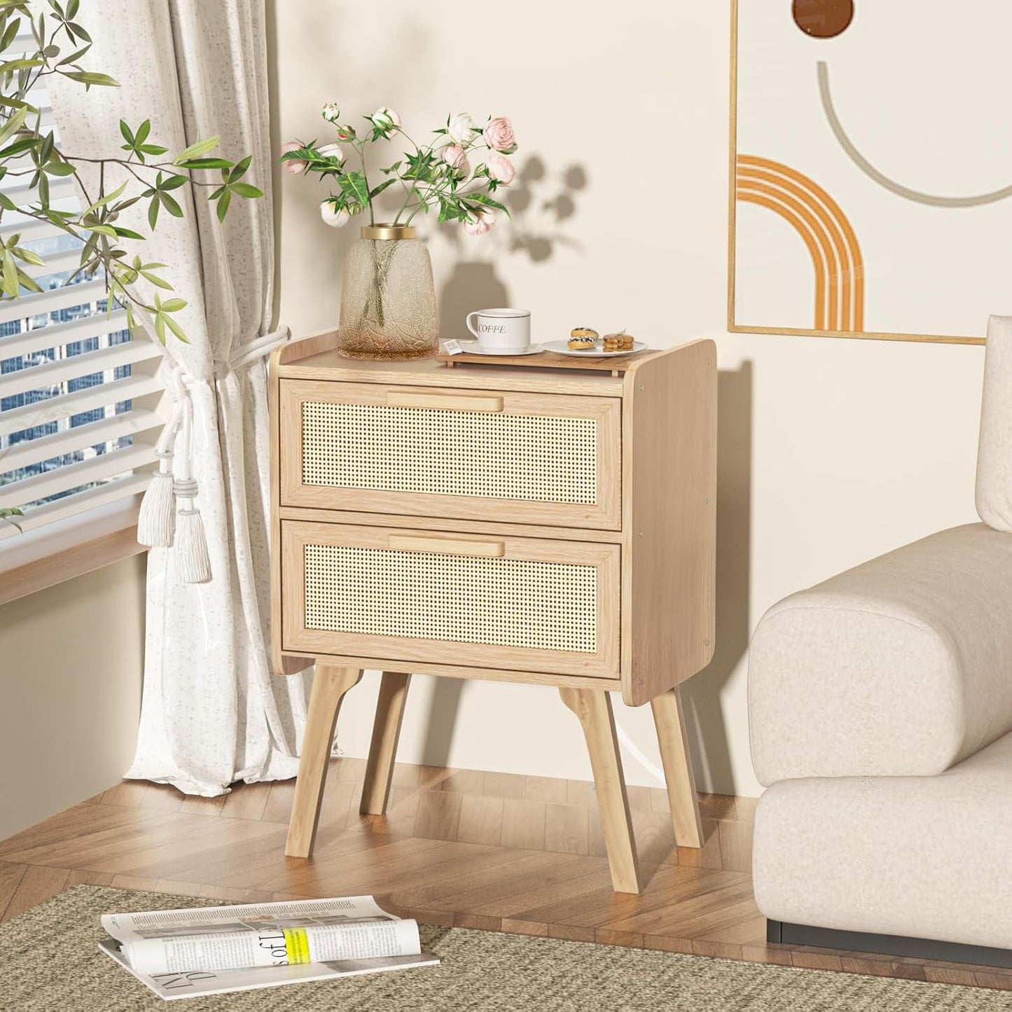 Rattan Nightstands Set of 2, Boho Night Stand with 2 Drawers, Cane Accent Side End Table, Bedside Table with Solid Wood Legs for Bedroom, Dorm and Small Spaces (Natural)