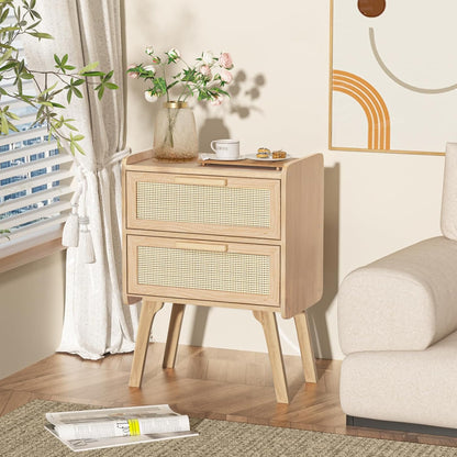 Rattan Nightstands Set of 2, Boho Night Stand with 2 Drawers, Cane Accent Side End Table, Bedside Table with Solid Wood Legs for Bedroom, Dorm and Small Spaces (Natural)