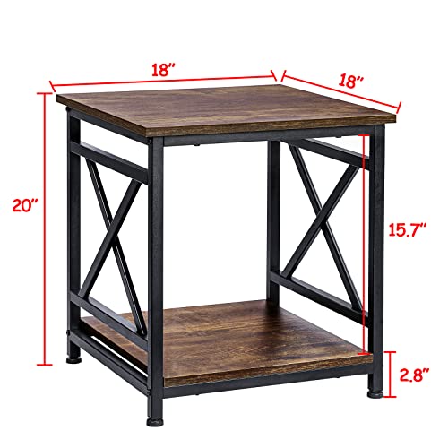 Industrial End Table, 18" Square Side Table with 2-Tier Storage Shelf, X-Design Metal Frame, Rustic Brown Nightstand Bedside Table for Living Room, Bedroom