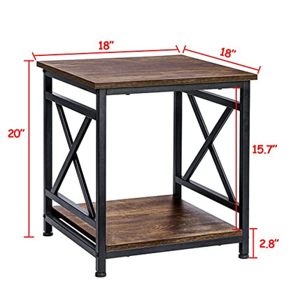 Industrial End Table, 18" Square Side Table with 2-Tier Storage Shelf, X-Design Metal Frame, Rustic Brown Nightstand Bedside Table for Living Room, Bedroom