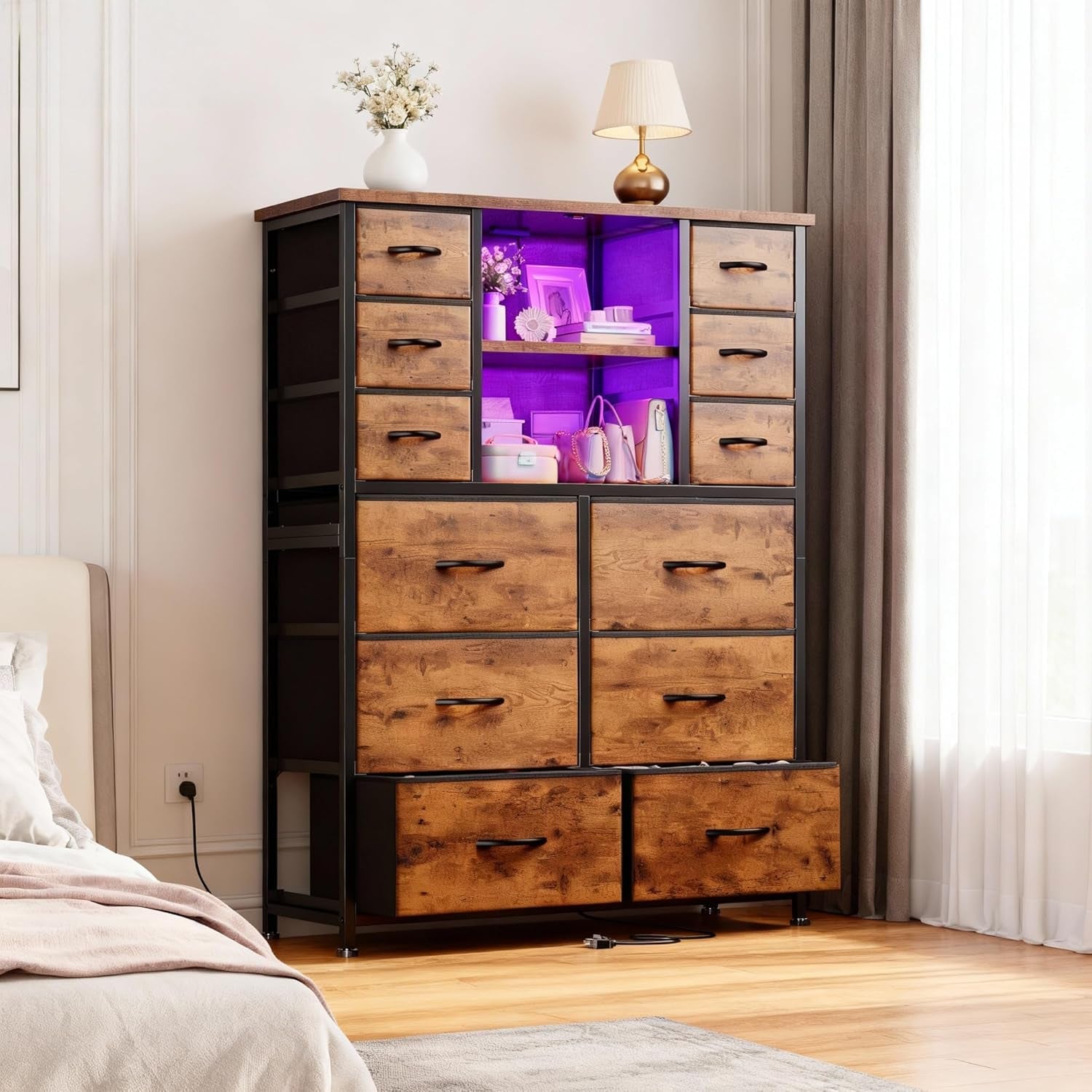 Dresser for Bedroom with Fabric Dresser, Charging Station & LED Light, Large Chest of Drawers for Living Room, Entryway, Metal Frame, Rustic Brown, 50.6" H X 37.8" W X 11.8" D