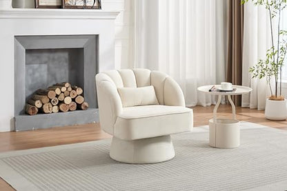 Modern Swivel Barrel Accent Chair, 360 Degree Velvet Upholstered Armchair with Striped Backrest & Plush Padding, Comfy Round Lounge Chair for Living Room, Bedroom, Reading Nook, Beige