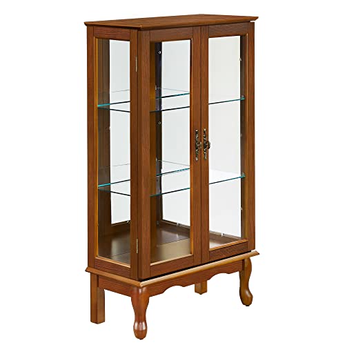 Curio Cabinet Lighted Curio Diapaly Cabinet Wooden Shelving Unit with Adjustable Shelves and Mirrored Back Panel, Tempered Glass Doors (Oak, 3 Tier)