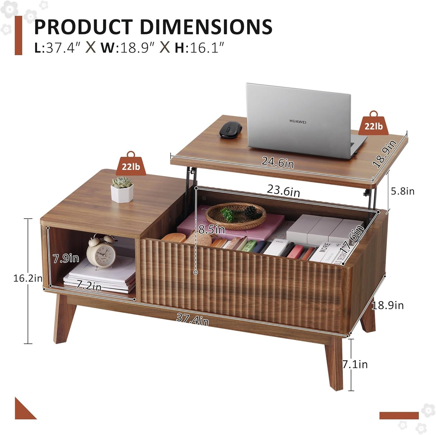 Fluted Lift Top Coffee Table with Storage, Modern Coffee Table for Living Room, Home Office（Walnut）