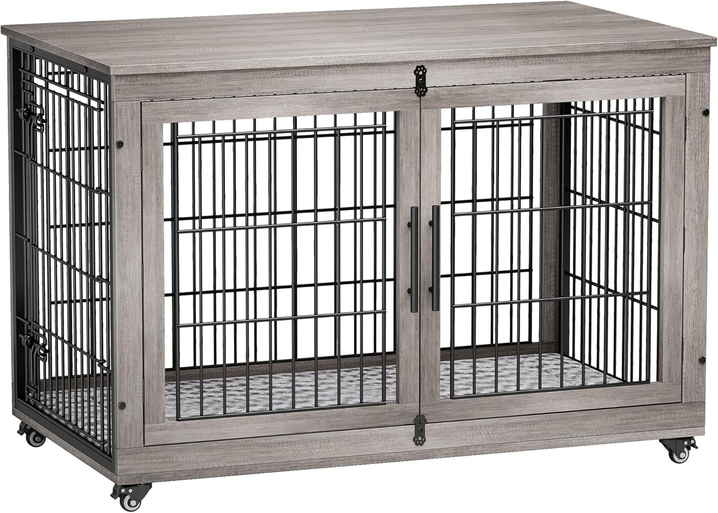 Dog Crate Furniture, XL Wooden Dog Kennel Indoor Double Doors Dog Cage, 44'' Heavy Duty Dog Crate with Cushion & Wheels, Decorative End Table Chew-Resistant for Extra Large/Medium, Grey
