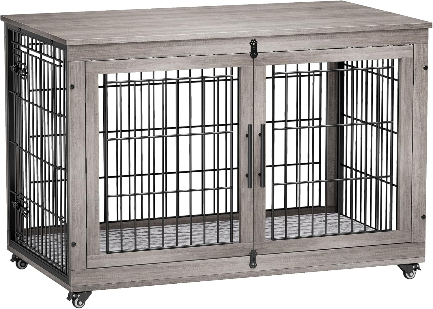 Dog Crate Furniture, XL Wooden Dog Kennel Indoor Double Doors Dog Cage, 44'' Heavy Duty Dog Crate with Cushion & Wheels, Decorative End Table Chew-Resistant for Extra Large/Medium, Grey
