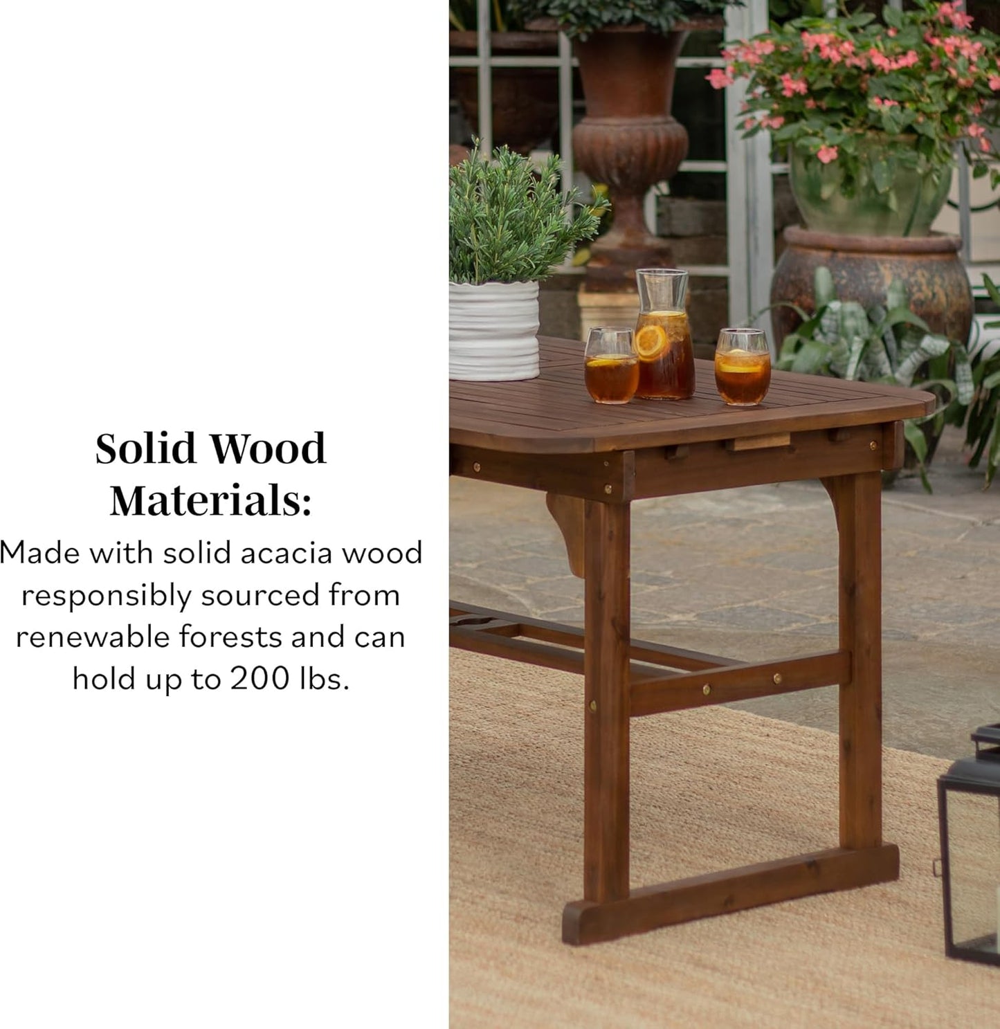 Maui Modern Solid Acacia Wood Slatted Patio Dining Table, 78 Inch, Dark Brown