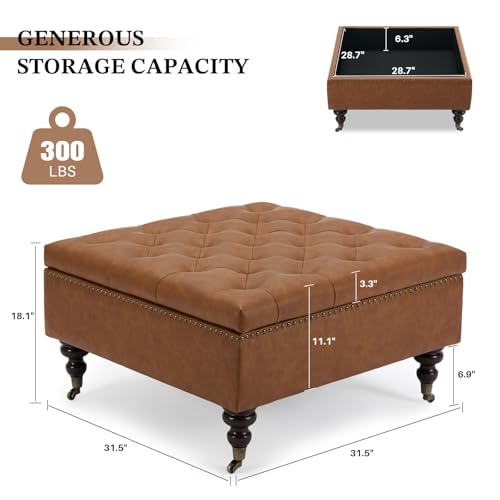 Square Storage Ottoman Coffee Table Tufted Upholstered Large Ottoman with Storage with Rolling Wheels Oversized Footrest Ottomans for Living Room, Brown Faux Leather