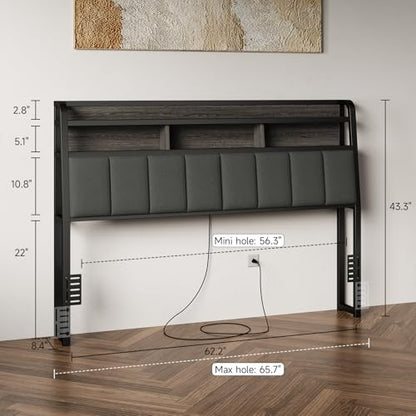 Queen Headboard Only with Storage, Charging Station, Black & Grey, view 3