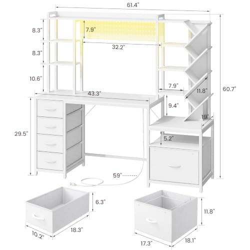 61.4" Computer Desk with Bookshelf, 5 Drawers, Desk with Hutch, Outlet, LED, view 3
