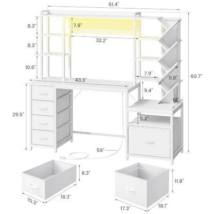 61.4" Computer Desk with Bookshelf, 5 Drawers, Desk with Hutch, Outlet, LED, view 3