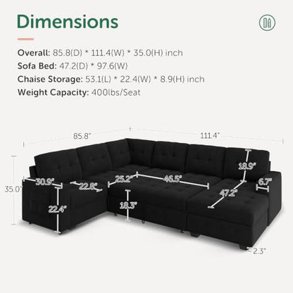 111.4'' Modular Sectional Sleeper Sofa with Pull Out Bed,Black, view 5
