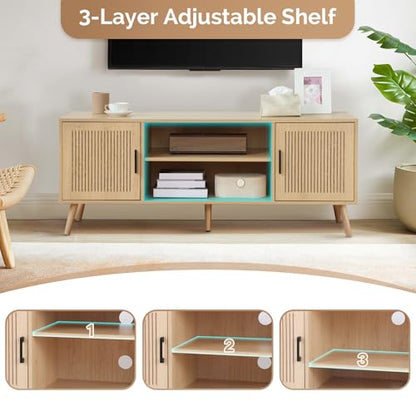 Modern TV Stand for 65 Inch TV, Entertainment Center with 2 Storage Cabinets and Adjustable Shelf, Solid Wood Feet, 4 Cord Holes, Groove Stripe Media TV Console Table for Living Room Bedroom (Natural)