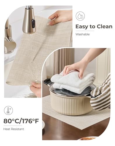 Beige Placemats Set of 6 - Heat-Resistant, Non-Slip Table Mats, Washable Woven Vinyl for Indoor & Outdoor Dining
