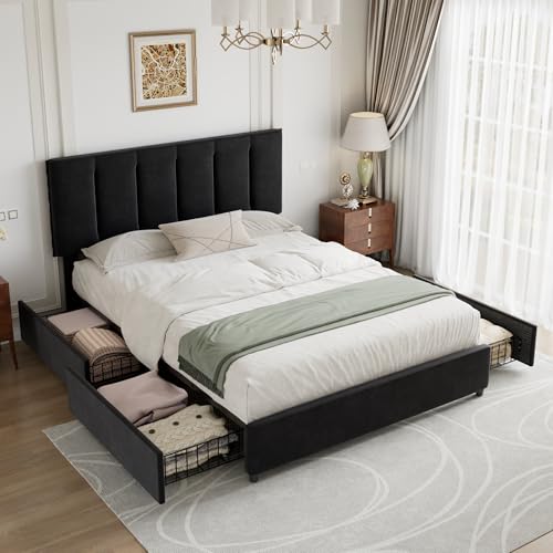 Queen Size Bed Frame with 4 Storage Drawers, Adjustable Height Headboard, view 4