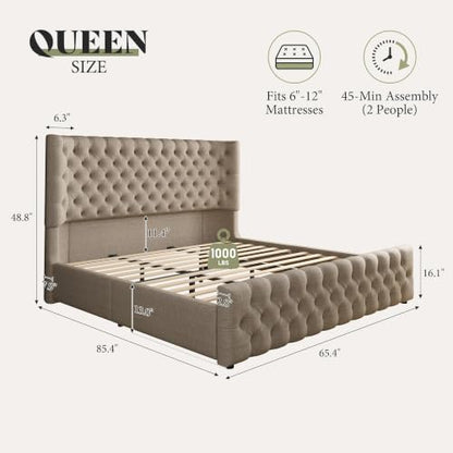 Upholstered Bed Frame Wingback Headboard, Queen Size, Khaki, view 3