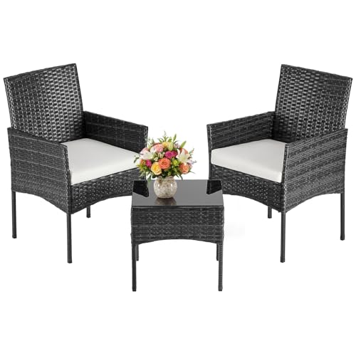 3-Piece Patio Furniture Set, All-Weather Outdoor Wicker Chairs with Removable Cushions & Tempered Glass Table, Small Bistro Set for Porch, Balcony, Lawn, Backyard, Black