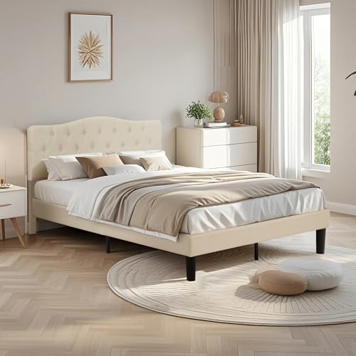 Queen Size Platform Bed Frame with Fabric Upholstered Headboard and Wooden, view 4