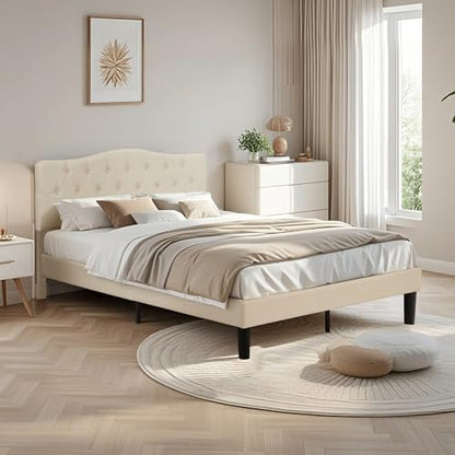 Queen Size Platform Bed Frame with Fabric Upholstered Headboard and Wooden, view 4