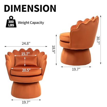360° Swivel Accent Chair, Mid-Century Modern Velvet Barrel Chair, Comfy Shell Shape Arm Chair with Lumbar Pillow for Living Room, Bedroom, Office, Orange
