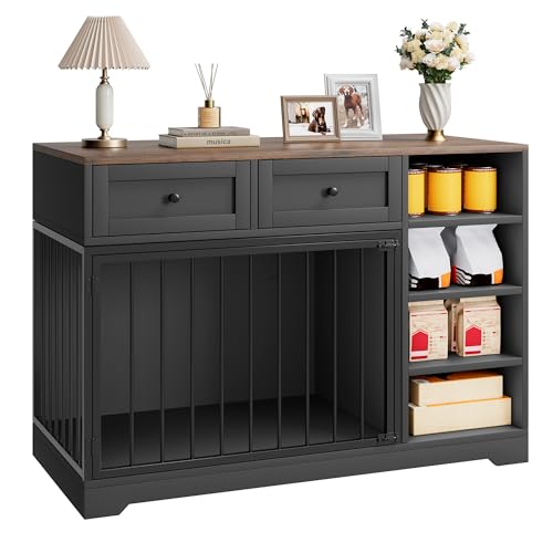 47" Dog Crate Furniture with Drawers and Open Shelves, Black, view 2