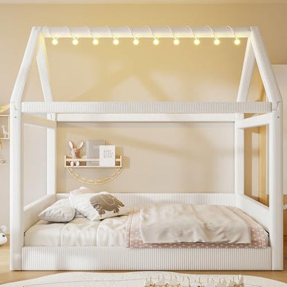 Modern Upholstered House Bed, Floor Upholstered Sofa Daybed with Wood Slat Support,Platform Bed Frame with Headboard/Full, Beige