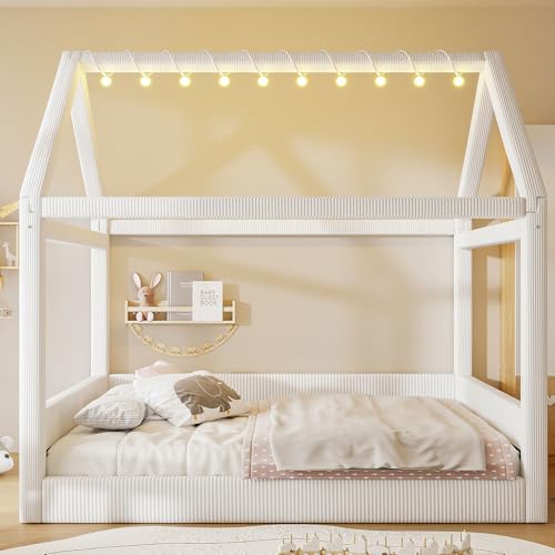 Full Size Upholstered House Bed for Kids, Montessori Floor Bed with LED Light Strips, House Floor Bed Frame with Wooden Slats Support, No Box Spring Needed,Beige