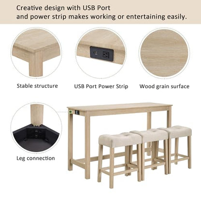 4 Piece Dining Table and Chairs Set with Charging Station, Farmhouse Wooden Kitchen Island-Table w/USB&Typc C&Power Outlet, 59" Behind Sofa-Table w/3pcs Upholstered Stools,Light Oak