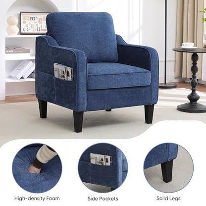 Accent Chair for Living Room, Mid Century Modern Reading Chair for Bedroom, Upholstered Armchair with Side Pockets, Comfy Single Sofa Side Chair for Office, Apartment, Small Room, Blue
