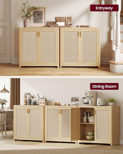 VASAGLE ELLAN Collection - Boho Buffet Cabinet with Rattan-Look Doors, Sideboard Storage Cabinet, Rounded Corners, Adjustable Shelf, for Kitchen, Oak Beige UBBK345YC01