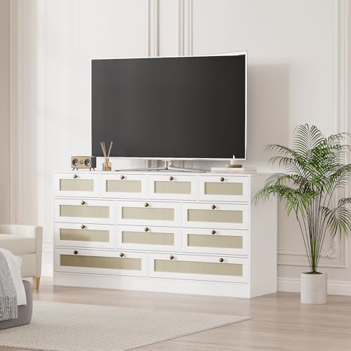 12 Drawer Wooden Dresser for Bedroom, Rattan Chest of Drawers for Closet, Living Room, Hallway, 61 Inch Wood Wide TV Stand Dressers for 65 Inch TV, Modern Dresser for Adult Room