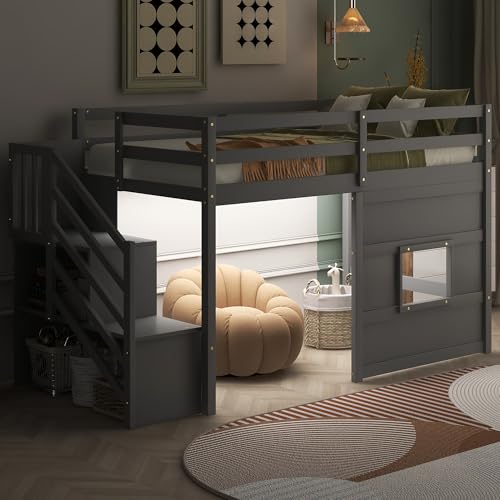 LUMISOL Twin Loft Bed, Solid Wood Low Loft Bed Frame with Staircase, Plyhouse, Window and Safety Guardrails, No Box Spring Needed, Grey