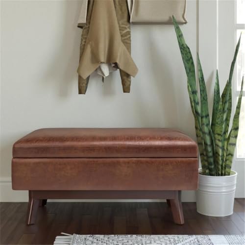 36" Faux Leather Storage Ottoman, Saddle Brown, Mid Century Design, Exposed Solid Wood Base, Lift-Up Lid with Child-Safety Hinge, Cushioned Top, Living Room or Family Room Furniture