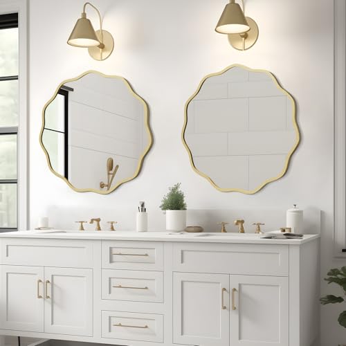 Round Wavy Mirror for Wall Decorative 24 inch, Modern Round Mirror Aluminum Frame for Bathroom Bedroom Living Room Home House Office Entryway, Gold