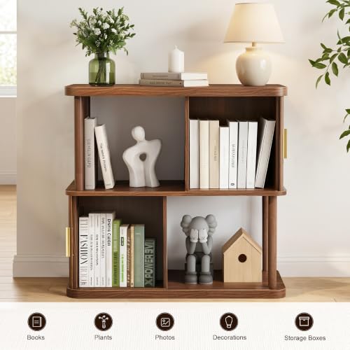 2-Tier Walnut Bookshelf 4-Cube Display Bookcase with Sliding Doors, view 7