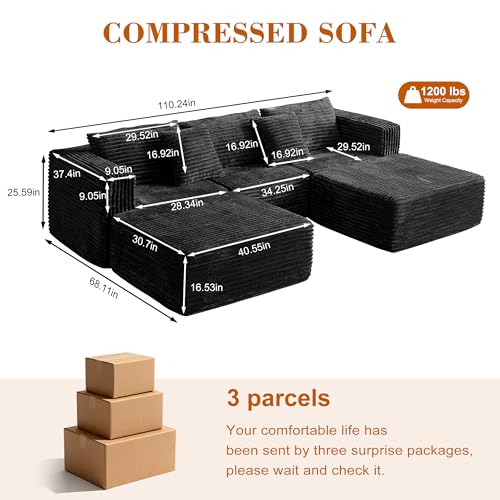110 Corduroy Modular Sectional Boneless Sofa with 2 Ottomans, Convertible Cloud Couch with Deep Seats, Fluffy Memory Foam U Shaped Couch for Living Room, No Assembly Required (Black)