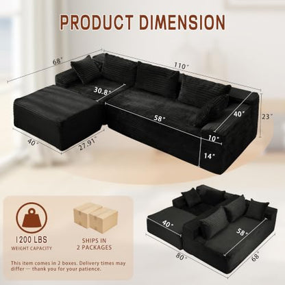 108" L-Shaped Modular Sectional Sofa with Chaise, Boneless Comfy Corduroy Fluffy Couch with Deep Seat and Side Pockets, Flexible Module Combination for Living Room, No Assembly, Side Pockets