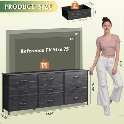 Dresser TV Stand for 75 Inches TV, 9 Fabric Drawers, Black Wood Grain, view 4