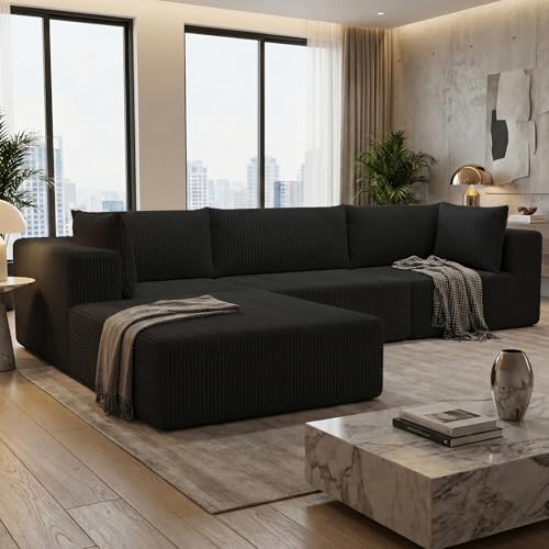 108" Boneless Couches for Living Room, Modular Cloud Couch Sofa - L Shap Corduroy Sectional Sofa, Fluffy Memory Foam Sleeper Sofa Furniture, No Assembly, Wide Armrest, Black