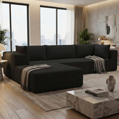 108" Boneless Couches for Living Room, Modular Cloud Couch Sofa - L Shap Corduroy Sectional Sofa, Fluffy Memory Foam Sleeper Sofa Furniture, No Assembly, Wide Armrest, Black