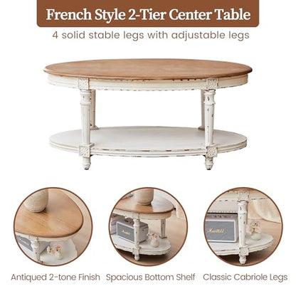 39" French Country Two Tone Oval Coffee Table,Chipped White Vintage 2 Tier Center Table with Storage for Living Room Office,Tool-Free Assembly (White)