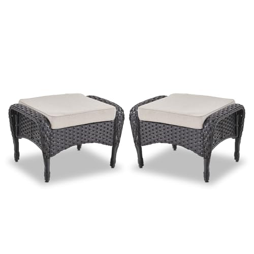 Outdoor Ottomans for Patio Foot Rest - 25 Inch PE Wicker Foot Stool Set of 2 with Removable Cushions for Patio Furniture Sets,All Weather Rattan Ottoman for Balcony Backyard Black/Beige