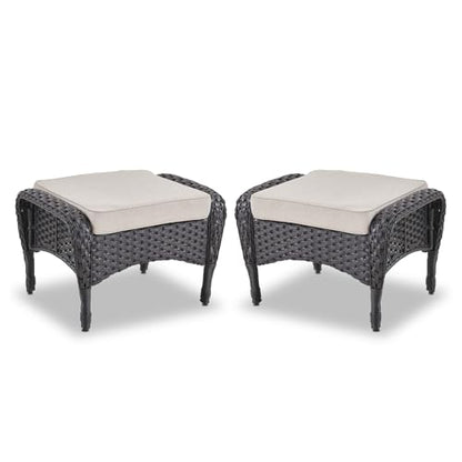 Outdoor Ottomans for Patio Foot Rest - 25 Inch PE Wicker Foot Stool Set of 2 with Removable Cushions for Patio Furniture Sets,All Weather Rattan Ottoman for Balcony Backyard Black/Beige
